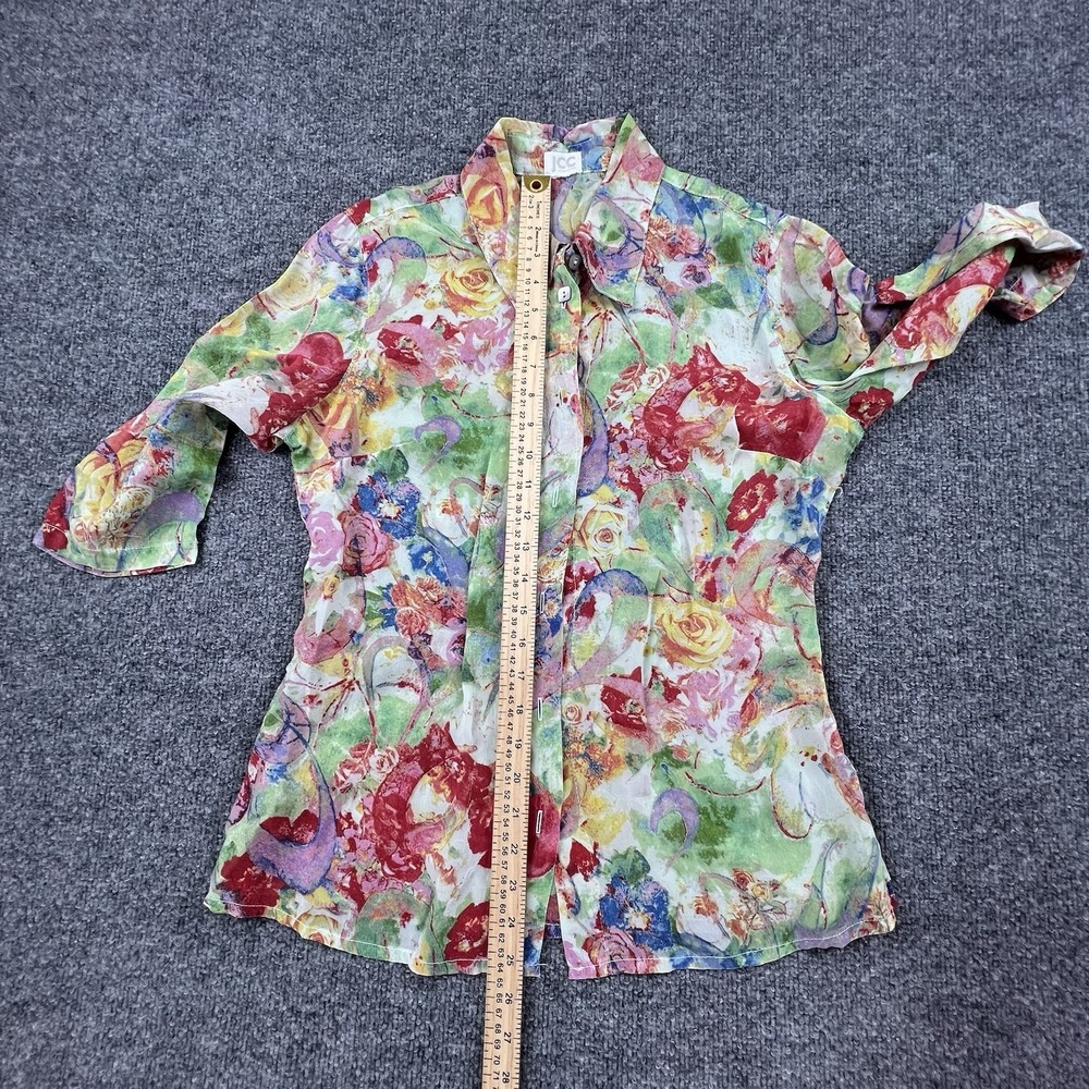 JCC Signature Floral Watercolor Button Up Blouse 3/4 Sleeve Sheer Top - Picture 4 of 6